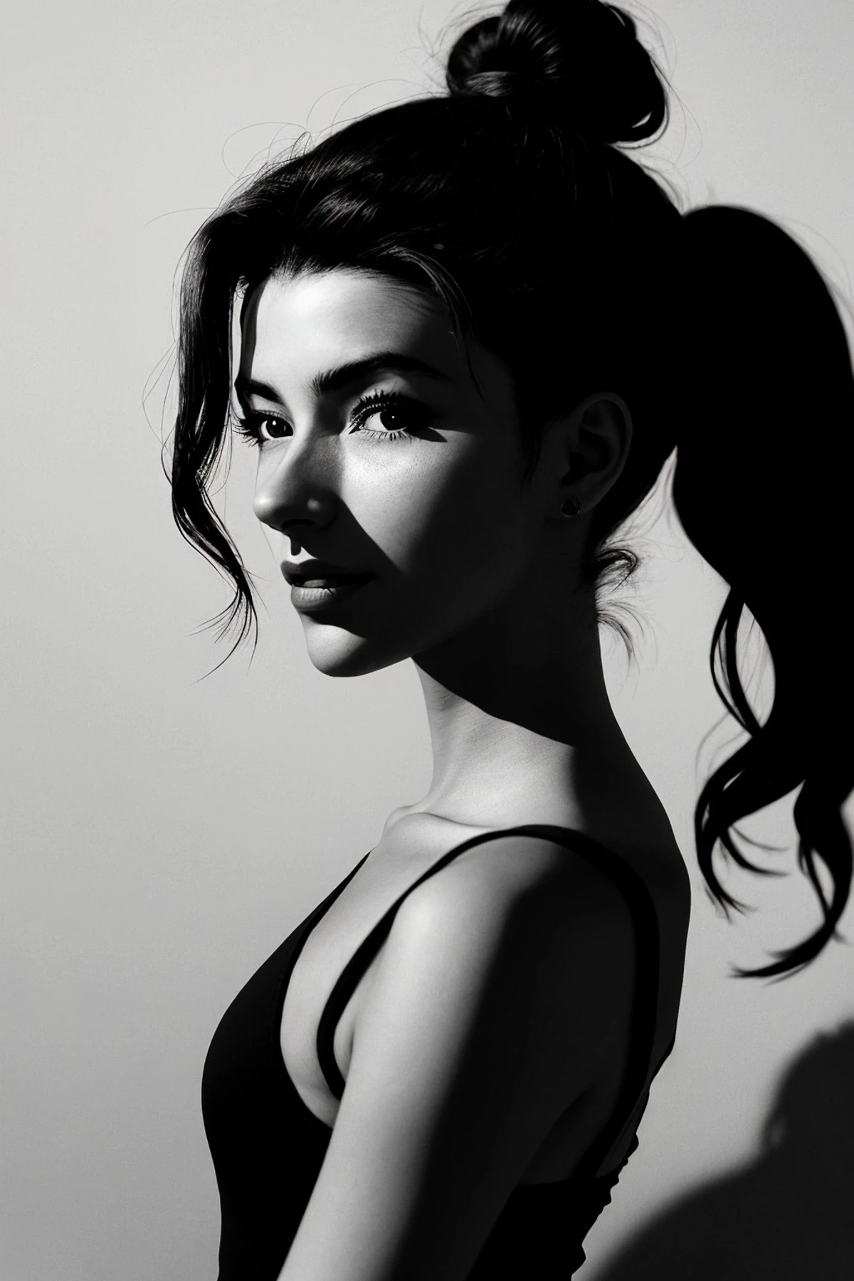 (shadow art style, silhouette, monochrome, contrast, detailed:1.15), (from above, headshot:1.2) <lora:sd15_AdrianaCallori_v2:.9> AdrianaCallori , smiling, she is wearing dotera, her hair is styled as sleek low bun hair, BREAK she is (blusking in a city:1.1), soft fill lighting, shot on ALEXA 65 ,Ektar 100 ,desaturated grunge filter,50mm ,