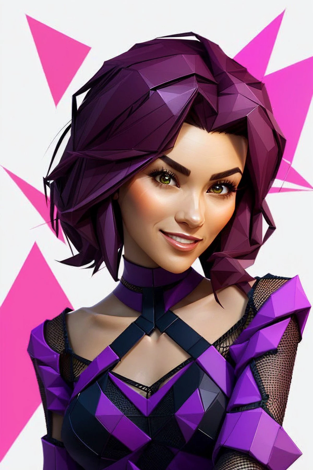 (low-poly style, low-poly game art, polygon mesh, jagged, blocky, wireframe edges, centered composition:1.15), headshot <lora:sd15_AdrianaCallori_v2:.9> AdrianaCallori , focus on smiling face, wearing a <lora:edgPencilDress_MINI:0.8> pencil_dress , her ultra violet color hair is styled as ombr hair,