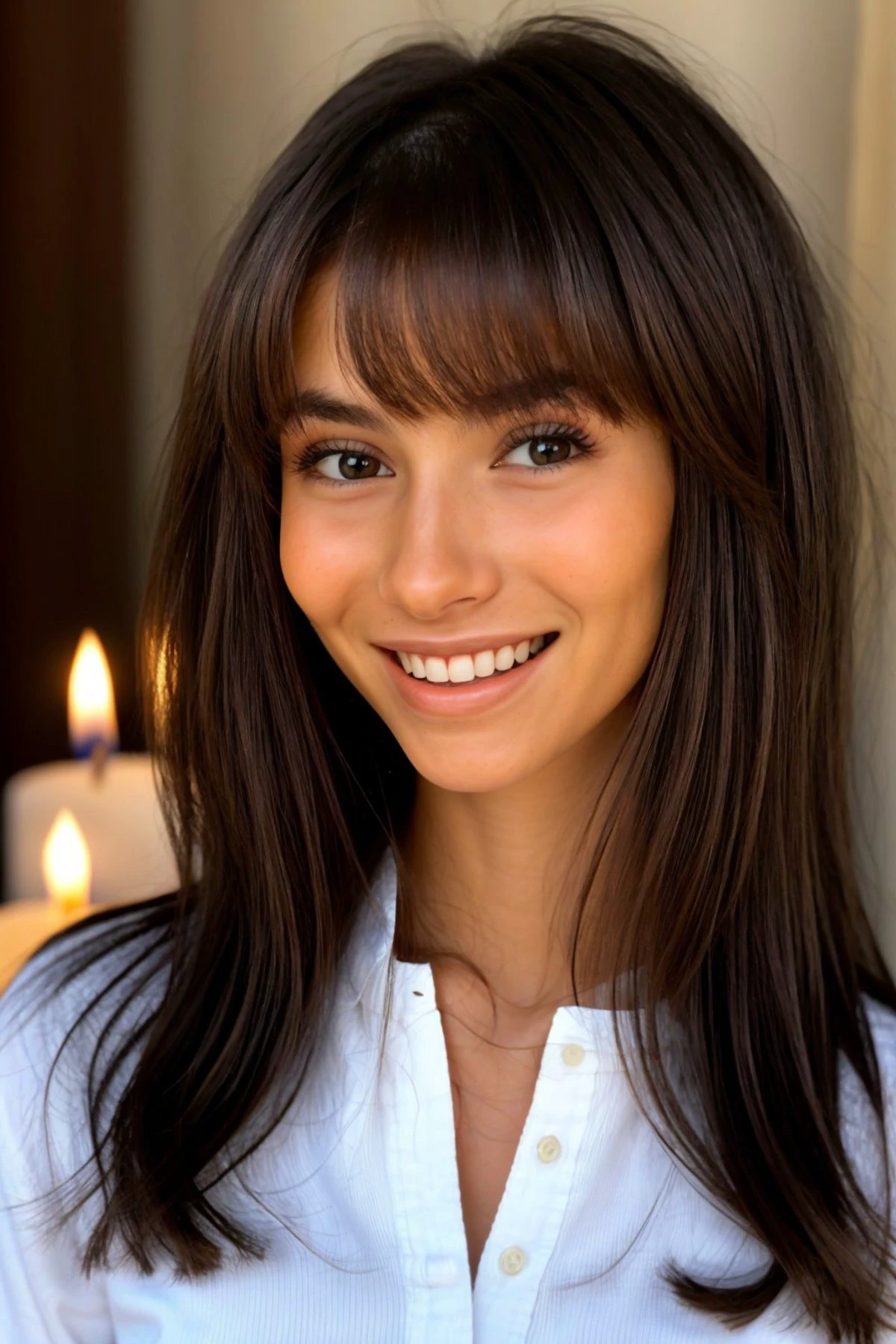 , photo of <lora:AdrianaCallori_v1:.9> AdrianaCallori, focus on eyes, close up on face, huge smile, hair styled Straight Side-Swept Bangs, candlelight