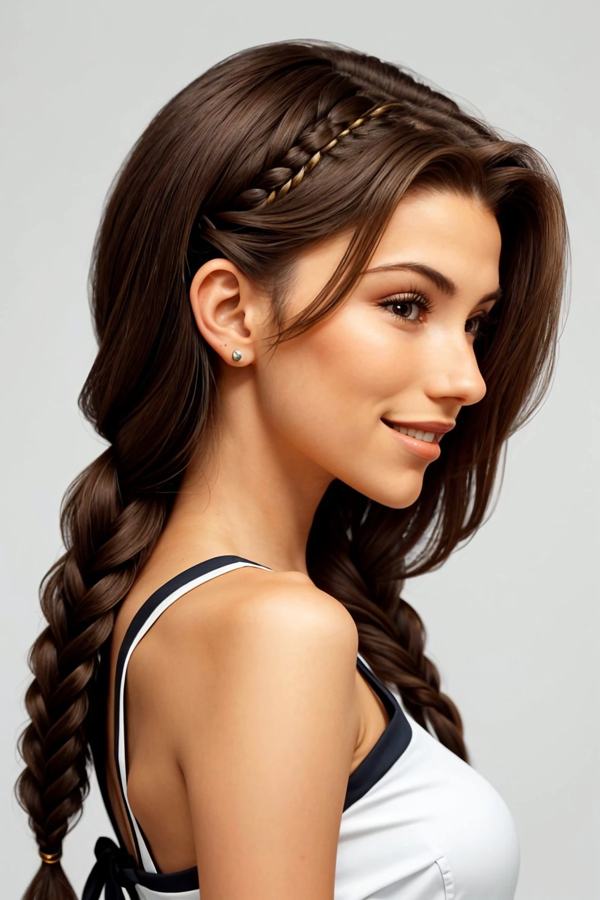 (deco style, geometric, modern, sleek, highly detailed:1.15), headshot <lora:sd15_AdrianaCallori_v2:.9> AdrianaCallori, focus on smiling face, side view wearing conservative clothing , her hair is styled as diagonal braid,