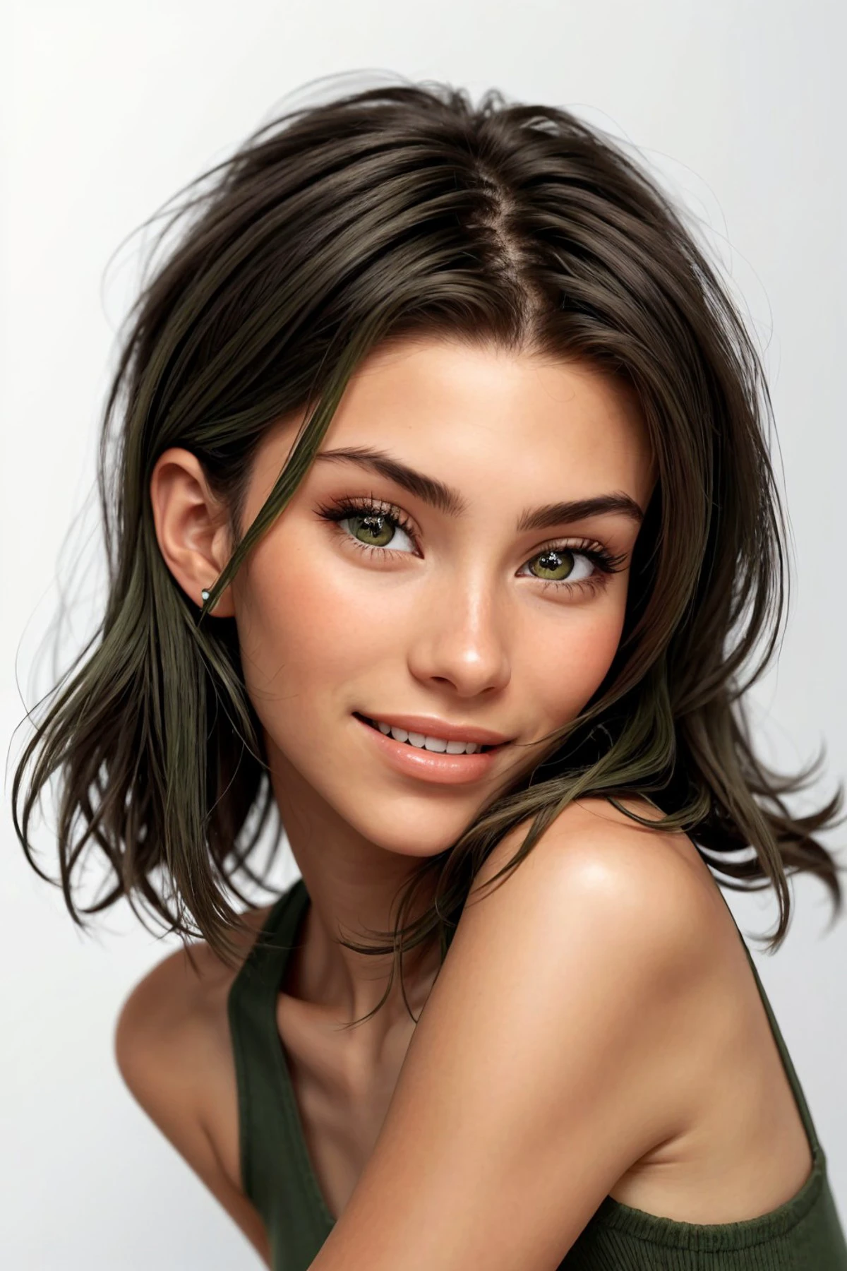 (vexel style, sharp, clean, vector-based, highly detailed:1.15), <lora:sd15_AdrianaCallori_v2:.9> AdrianaCallori, focus on eyes, close up on face, grinning, olive green color hair styled tousled layers, black and white