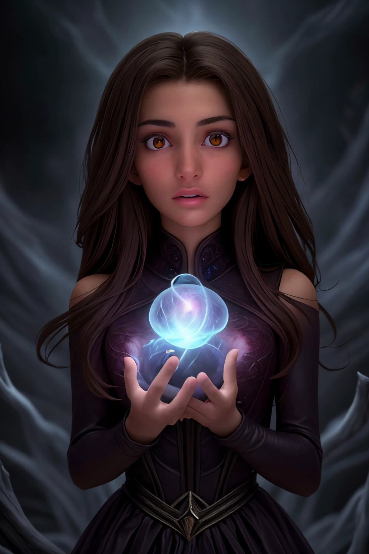 <lora:sd15_AdrianaCallori_v2:.9> AdrianaCallori, Style-GravityMagic, portrait, solo, (full body:0.6), looking down, detailed background, detailed face, (sinister (DarkFantasy:0.8), dark fantasy theme:1.1) (glowing eyes:1.1), seer, psychic powers, concentration, mind control, hypnosis, enchantment, psychokinesis, precognition, aura, thought projection, manipulation, white psychic energy emanating, updraft, mysterious lighting, nebula in background, mystic atmosphere,