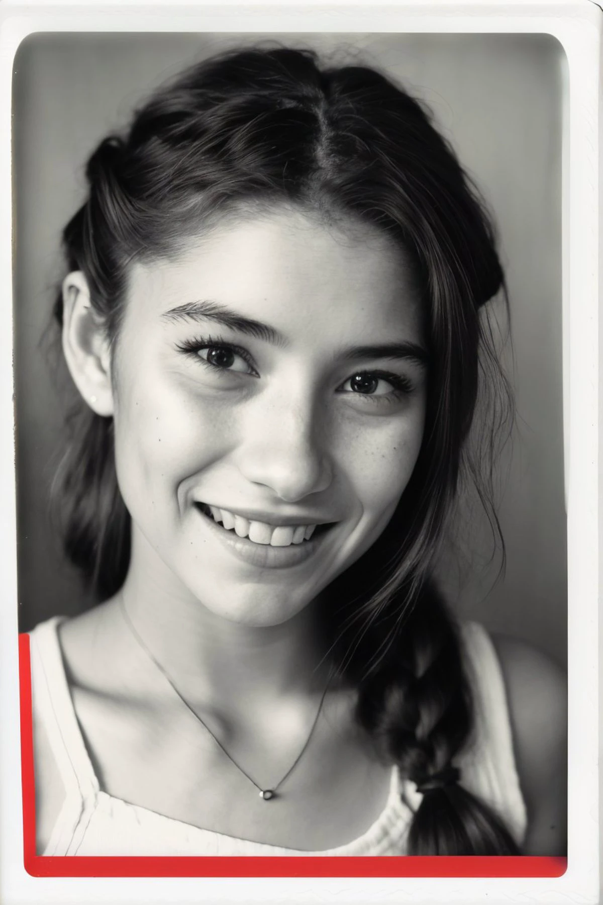 (realistic polaroid style, vintage, instant photo, faded, detailed:1.2) <lora:AdrianaCallori_v1:.9> AdrianaCallori, focus on eyes, close up on face, huge smile, hair styled zigzag braid, black and white, (realistic __demoran/styles/realistic__:1.2)