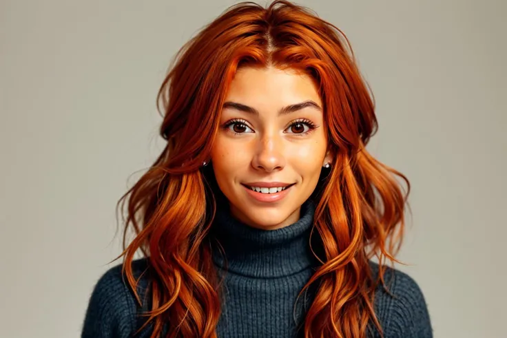 (junk art style, recycled, textured, detailed, assemblage:1.15), half-body <lora:sd15_AdrianaCallori_v2:.9> AdrianaCallori, focus on smiling face, wearing a turtleneck , her soft-orange color hair is styled as wavy hair,