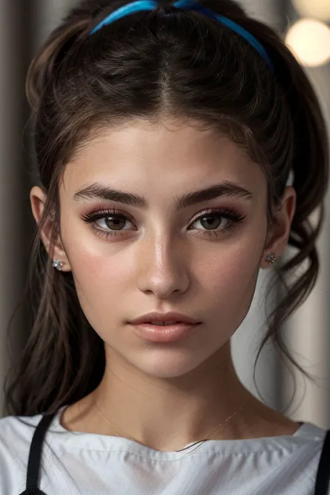 photo of <lora:sd15_AdrianaCallori_v2:.9> AdrianaCallori, focus on eyes, close up on face, wearing jewelry, willow color hair styled side ponytail, lens flare