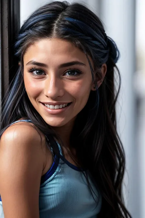 photo of <lora:sd15_AdrianaCallori_v2:.9> AdrianaCallori, focus on eyes, close up on face, huge smile, beau blue color hair styled Straight Waterfall Braid, black and white