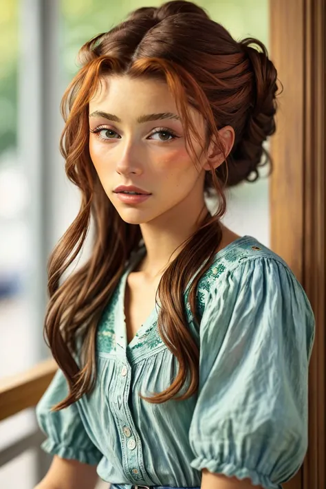 (post-impressionist style, vibrant, expressive, Van Gogh style:1.15), <lora:sd15_AdrianaCallori_v2:.9> AdrianaCallori wearing makeup, focus on eyes, close up on face, bittersweet color hair styled dutch braided half-up half-down, soft focus
