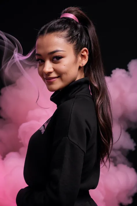 ((Black Theme, Black and Pink Backdrop)) (Close-Up Shot, Face Portrait:1.4) DV_Aloha_Vicious (brunette:1.4) is wearing (Blue Jeans and a Black sweatshirt :1.3), by Christopher Nolan, 35mm, F/2.8, ((Photo Focus, DOF, Aperture, insanely detailed and intricate, character, hypermaximalist, elegant, ornate, beautiful, exotic, revealing, appealing, attractive, amative, hyper realistic, super detailed, heresy flares)) smiling at viewer (volumetric pink smoke:1.3) (pink lens flare:1.2)(sharpness:1.3)(details:1.3)