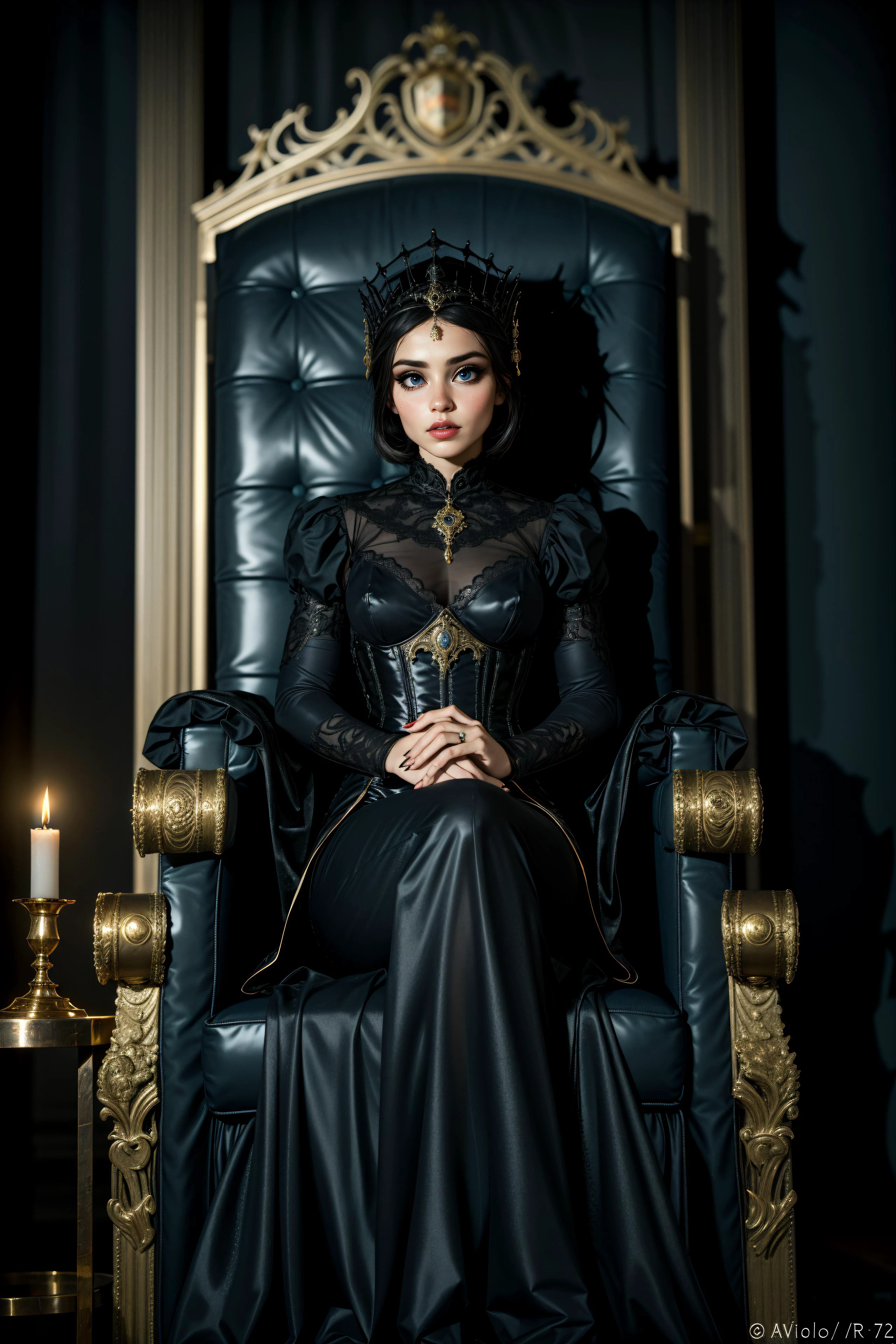 16K, Best Quality, High Quality, Highres, Masterpiece, Ultra Detailed, hypermaximalist, embedding:ToD\Tower-of-Doom-Empira is a regal looking, beautiful woman, dark makeup, wearing HUD_Evl_Qn, makeup, lipstick, long black dress with gold details and inlaid gold, gold headdress, high collar, neckpiece, laser cut, intricate carved corset with gold details, long sleeves, boots, sitting on the throne in the throne room of a gothic castle, candlelight lighting, moody ambiance, <lora:Utilities\nighttime_v1.safetensors:0.8>, embedding:Positive\epiCPhoto, <lora:Utilities\lora_perfecteyes_v1_from_v1_160.safetensors:1.0>, <lora:Fashion\Fairy_Tale_Dress_2__evil_queen-000008.safetensors:0.6>,