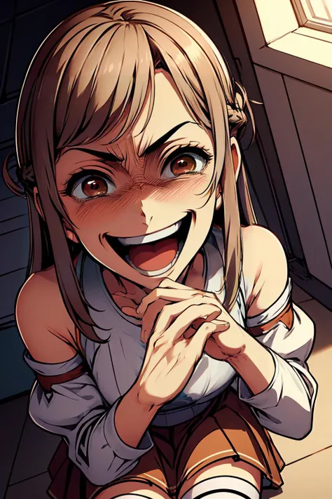 , <lora:asuna_(sao)_v1:0.7> aaasuna, long hair, brown hair, braid, brown eyes, bare shoulders, armor, breastplate, white sleeves, detached sleeves, red skirt, pleated skirt, white thighhighs, <lora:smug:0.9> evil grin,evil smile,looking down,troll face, close up, face, best quality, masterpiece, ultra high res, detailed skin, high detail,