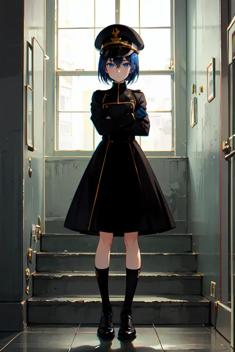 :< , standing, crossed arms, stairs, abandoned, white_walls, <lora:inui_sajuna:0.7> bbsajuna,blue eyes,peaked cap,black headwear,blue hair,short hair,hair between eyes,bangs,black cape,dress,(black dress:1.4),long sleeves,(white gloves:1.1),(black skirt:1.4),frilled skirt,socks,black socks,boots,black footwear,, ultra detailed, masterpiece, best quality, aesthetic, detailed,