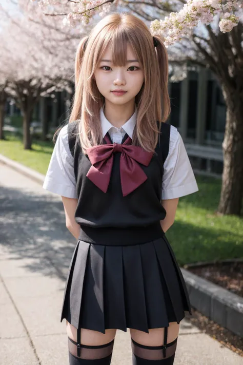 masterpiece,best quality,highres,ultra-detailed,aasajuna,pink eyes,purple eyes,pink hair,long hair,two side up,hair between eyes,bangs,hair flower,black rose,school uniform,serafuku,red sailor collar,(yellow bowtie:1.1),black vest,sweater vest,white shirt,short sleeves,red skirt,thighhighs,(black thighhighs:1.2),loafers,black footwear,<lora:inui_sajuna:0.7>,outdoors,cherry blossoms,standing,cowboy shot,smile,arms_behind_back,