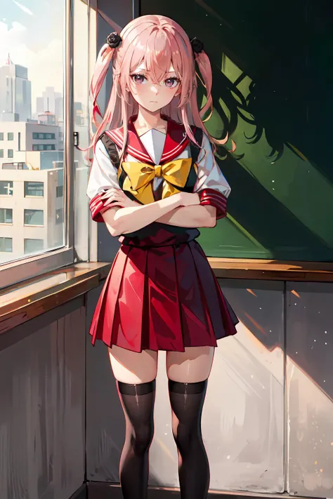 :< , standing, crossed arms, classroom, chalkboard, <lora:inui_sajuna:0.7> aasajuna,pink eyes,purple eyes,pink hair,long hair,two side up,hair between eyes,bangs,hair flower,black rose,school uniform,serafuku,red sailor collar,(yellow bowtie:1.1),black vest,sweater vest,white shirt,short sleeves,red skirt,thighhighs,(black thighhighs:1.2),loafers,black footwear,, ultra detailed, masterpiece, best quality, aesthetic, detailed,