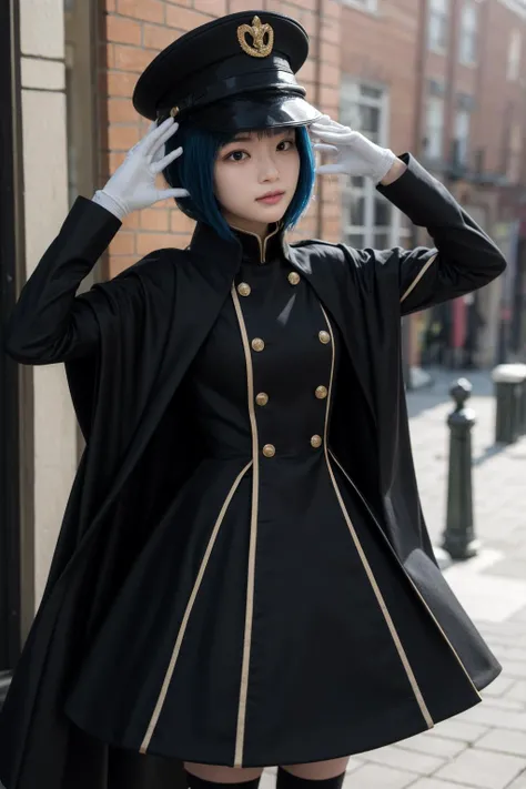 masterpiece,best quality,highres,ultra-detailed,bbsajuna,blue eyes,peaked cap,black headwear,blue hair,short hair,hair between eyes,bangs,black cape,dress,(black dress:1.4),long sleeves,(white gloves:1.1),(black skirt:1.4),frilled skirt,socks,black socks,boots,black footwear,<lora:inui_sajuna:0.7>,outdoors,standing,:d,salute,