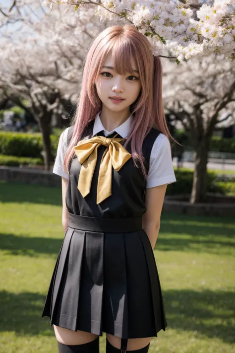 masterpiece,best quality,highres,ultra-detailed,aasajuna,pink eyes,purple eyes,pink hair,long hair,two side up,hair between eyes,bangs,hair flower,black rose,school uniform,serafuku,red sailor collar,(yellow bowtie:1.1),black vest,sweater vest,white shirt,short sleeves,red skirt,thighhighs,(black thighhighs:1.2),loafers,black footwear,<lora:inui_sajuna:0.7>,outdoors,cherry blossoms,standing,cowboy shot,smile,arms_behind_back,