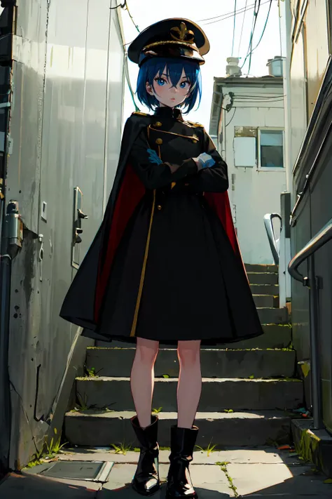 :< , standing, crossed arms, stairs, abandoned, white_walls, <lora:inui_sajuna:0.7> bbsajuna,blue eyes,peaked cap,black headwear,blue hair,short hair,hair between eyes,bangs,black cape,dress,(black dress:1.4),long sleeves,(white gloves:1.1),(black skirt:1.4),frilled skirt,socks,black socks,boots,black footwear, <lora:ponsuke-10:1>, ultra detailed, masterpiece, best quality, aesthetic, detailed,