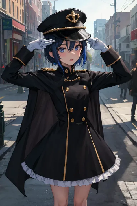 masterpiece,best quality,highres,ultra-detailed,bbsajuna,blue eyes,peaked cap,black headwear,blue hair,short hair,hair between eyes,bangs,black cape,dress,(black dress:1.4),long sleeves,(white gloves:1.1),(black skirt:1.4),frilled skirt,socks,black socks,boots,black footwear,<lora:inui_sajuna:0.7>,outdoors,standing,:d,salute, posing for a photo shoot, crown