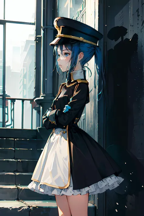 :< , standing, crossed arms, stairs, abandoned, white_walls, <lora:inui_sajuna:0.7> bbsajuna,blue eyes,peaked cap,black headwear,blue hair,short hair,hair between eyes,bangs,black cape,dress,(black dress:1.4),long sleeves,(white gloves:1.1),(black skirt:1.4),frilled skirt,socks,black socks,boots,black footwear, <lora:Branch (blackrabbits):1> style3, ultra detailed, masterpiece, best quality, aesthetic, detailed,
