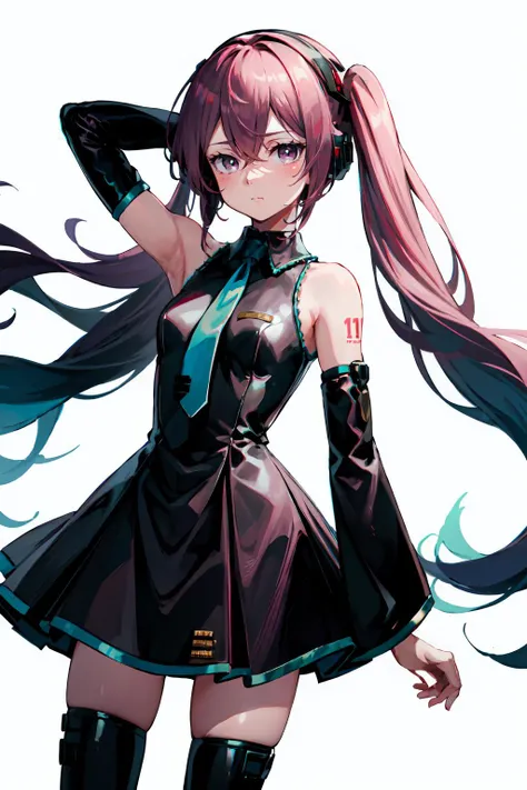 :< , <lora:inui_sajuna:0.7> aasajuna,pink eyes,purple eyes,pink hair,long hair,two side up,hair between eyes,bangs, <lora:MikuOutfit-14:1> miku outfit, sleeveless shirt, grey shirt, detached sleeves, necktie, arm tattoo, skirt, thighhighs, thigh boots,, ultra detailed, masterpiece, best quality, aesthetic, detailed,