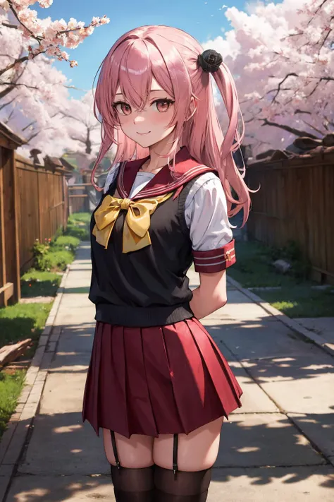 masterpiece,best quality,highres,ultra-detailed,aasajuna,pink eyes,purple eyes,pink hair,long hair,two side up,hair between eyes,bangs,hair flower,black rose,school uniform,serafuku,red sailor collar,(yellow bowtie:1.1),black vest,sweater vest,white shirt,short sleeves,red skirt,thighhighs,(black thighhighs:1.2),loafers,black footwear,<lora:inui_sajuna:0.7>,outdoors,cherry blossoms,standing,cowboy shot,smile,arms_behind_back,