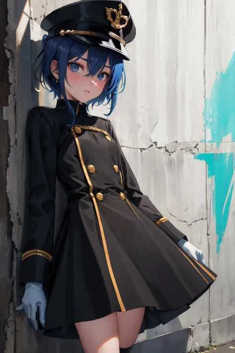 masterpiece,best quality,highres,ultra-detailed,bbsajuna,blue eyes,peaked cap,black headwear,blue hair,short hair,hair between eyes,bangs,black cape,dress,(black dress:1.4),long sleeves,(white gloves:1.1),(black skirt:1.4),frilled skirt,socks,black socks,boots,black footwear,<lora:inui_sajuna:0.7>, (standing, leaning back to the wall), (concrete wall, punk graffiti on wall), very close portrait