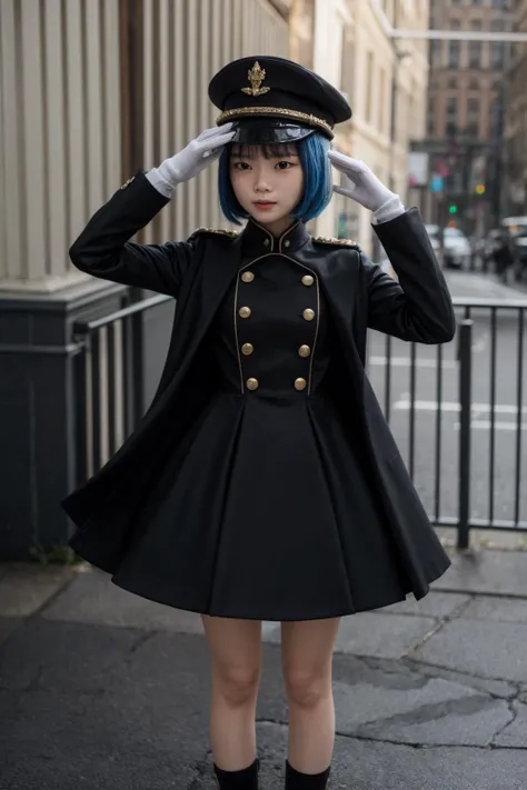 masterpiece,best quality,highres,ultra-detailed,bbsajuna,blue eyes,peaked cap,black headwear,blue hair,short hair,hair between eyes,bangs,black cape,dress,(black dress:1.4),long sleeves,(white gloves:1.1),(black skirt:1.4),frilled skirt,socks,black socks,boots,black footwear,<lora:inui_sajuna:0.7>,outdoors,standing,:d,salute,