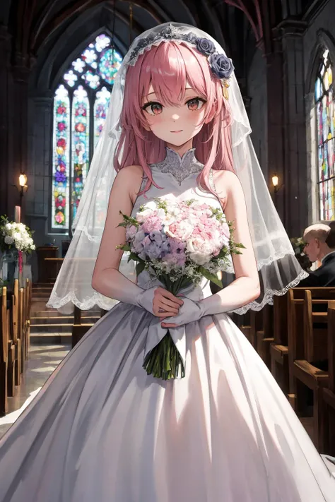masterpiece,best quality,highres,ultra-detailed,aasajuna,pink eyes,purple eyes,pink hair,long hair,two side up,hair between eyes,bangs,hair flower,black rose,<lora:inui_sajuna:0.7>,(wedding dress:1.2),white dress,(veil:1.2),smile,,standing,cowboy shot,holding bouquet,
church, indoor, wariza