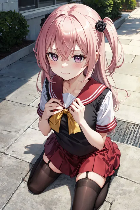 nsfw,
BREAK
(absurdres:1.1, highres:1.1, ultra detailed:1.1),
(high resolution:1.1, ray tracing:1.1, refraction:1.1), (dynamic angle:1.1),
BREAK
(1girl:1.1), (solo:1.3),
BREAK
<lora:inui_sajuna:0.7>,
aasajuna,pink eyes,purple eyes,pink hair,long hair,two side up,hair between eyes,bangs,hair flower,black rose,school uniform,serafuku,red sailor collar,(yellow bowtie:1.1),black vest,sweater vest,white shirt,short sleeves,red skirt,thighhighs,(black thighhighs:1.2),loafers,black footwear
BREAK
(:1.1),
(closed mouth:1.4),
BREAK
Authentic skin texture, Smooth skin,
BREAK
morning,
BREAK
feet out of frame,
BREAK
from above,
looking away,
BREAK
(kneeling:1.1),
BREAK
outdoors, park,
BREAK
<lora:flatBG:-0.4>,
<lora:GoodHands-vanilla:1>,
nice hands, perfect hands,
BREAK
wakame