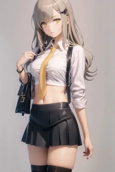 (masterpiece),best quality,1girl,solo,skirt,thighhighs,necktie,shirt,white background,bag,looking at viewer,black skirt,breasts,long hair,pleated skirt,hair ornament,yellow eyes,simple background,long sleeves,miniskirt,black thighhighs,parted lips,grey hair,yellow necktie,grey shirt,large breasts,collared shirt,zettai ryouiki,hairclip,thighs,standing,midriff,yellow nails,nail polish,