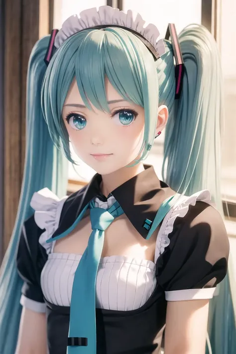 (masterpiece),best quality,1girl,hatsune miku,solo,twintails,necktie,long hair,maid headdress,looking at viewer,upper body,maid,aqua hair,frills,aqua eyes,blue eyes,short sleeves,blue hair,detached collar,shirt,