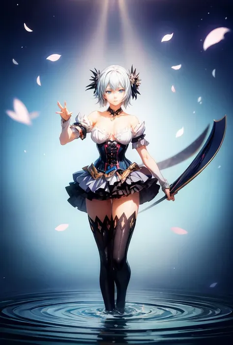 (masterpiece, best quality), 1girl, light blue hair, water hair, light blue eyes, flying petals, water blade, light blue water magic circle, light blue corset, black thighhighs, sidelighting, light particles, abstract, <lora:add_detail:1>