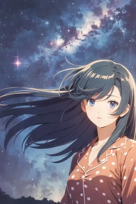 (masterpiece),best quality,(retro artstyle),1girl,upper_body,polka_dot_pajamas,stars in the eyes, messy floating hair, colored inner hair, Starry sky adorns hair, depth of field,