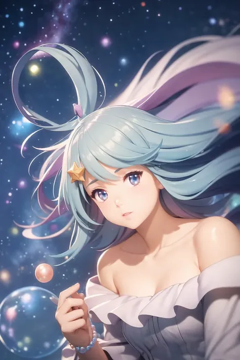 (masterpiece),best quality,1girl,upper_body,off-shoulder_dress,stars in the eyes, messy floating hair, colored inner hair, Starry sky adorns hair, (lots of big colorful Bubble), (pearl), (Galaxy), depth of field,