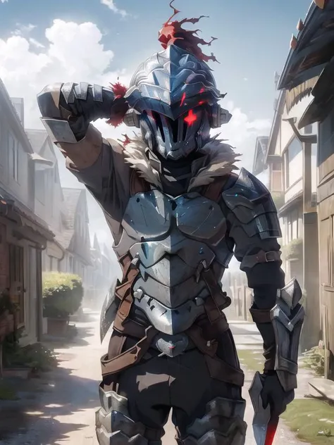 <lora:GoblinSlayer0:0.9>, high quality, best quality, masterpiece, solo, 1boy, goblin slayer, armor, helmet, glowing eye, plume, fur collar, (greatsword:1.4), (arm behind head:1.3), looking at viewer, outdoors, path