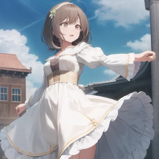 A woman in a white dress standing on a street corner - SeaArt AI