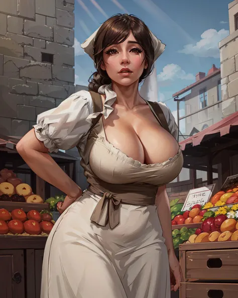 portrait of cecily, from below, mature female, perfect brown eyes, bangs, large breasts, head scarf, apron, ample cleavage, medieval marketplace, sunlight, volumetric lighting,
centered, realistic, best quality, masterpiece, solo,
<lora:Cecily-15:0.8>