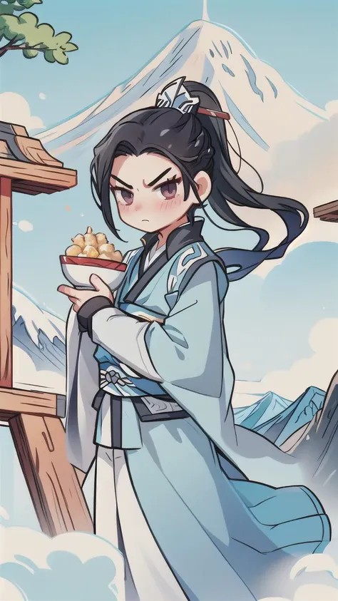 <lora:qingge_liu-000010:1> liu qingge, 1boy, male focus, chinese clothes, black hair, long sleeves, wide sleeves, ponytail, hair ornament, solo, chinese mountains, mountain peaks, cute, chibi, pouting