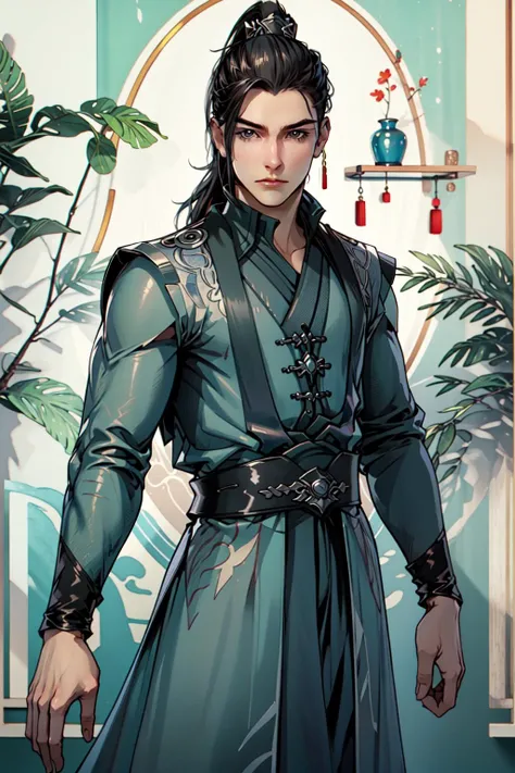 (Masterpiece:1.4), (best quality:1.2), <lora:qingge_liu-000010:1>, 1boy, male focus, chinese clothes, ponytail, hair ornament