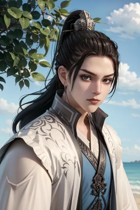 (Masterpiece:1.4), (best quality:1.2), <lora:qingge_liu-000010:1>, 1boy, male focus, chinese clothes, ponytail, hair ornament, upper body