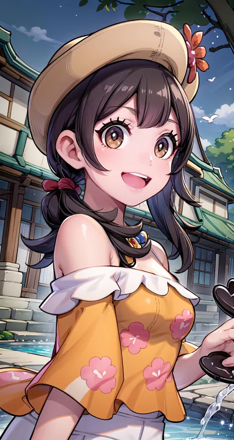 (masterpiece),(intricate details),1girl,pale skin,young girl,Textured pixie cut,laughing,large breasts:1.3,
BREAK
<lora:Ailey:0.6>, selene \(pokemon\), beach, orange shirt, floral print, white shorts, smile, hat, hat flower
BREAK
(masterpiece, ultra high res, best quality:1.3), (Chocolate brown eyes:1.3), (yellowish-brown skin tone:1.1), Curly side-swept ponytail, Beige brown hair, excited, medium breasts, wide shot, upper body, girl, cleavage, South Korea, Tourism, Changdeokgung Palace Secret Garden in Seoul, a serene and picturesque royal garden with ponds, pavilions, and walking trails.,,looking at viewer,dynamic pose,