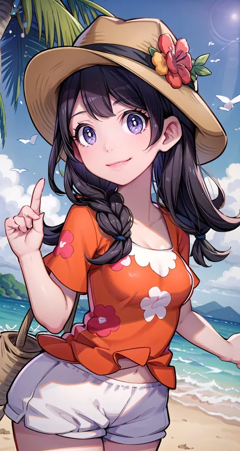 (masterpiece),(intricate details),1girl,pale skin,young girl,wavy hair,happy smile,large breasts:1.3,
BREAK
<lora:Ailey:0.6>, selene \(pokemon\), beach, orange shirt, floral print, white shorts, smile, hat, hat flower
BREAK
store,looking at viewer,random angle,