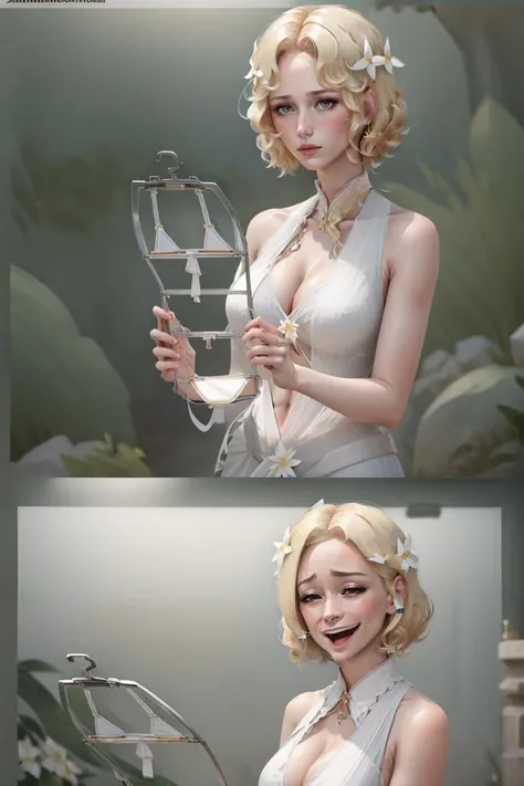 <lora:aphrodite-v1-lora-any-6ep-resize:0.4> aphrodite, blonde hair, short hair, hair flower, white dress, revealing clothes, mature female, laughing , tear, <lora:GirlsReactingToBikinisMeme:1>GirlsReactingToBikinisMeme, <lyco:WheezeMemeTemplate:1>8_wheeze, wheeze meme, face focus, tear