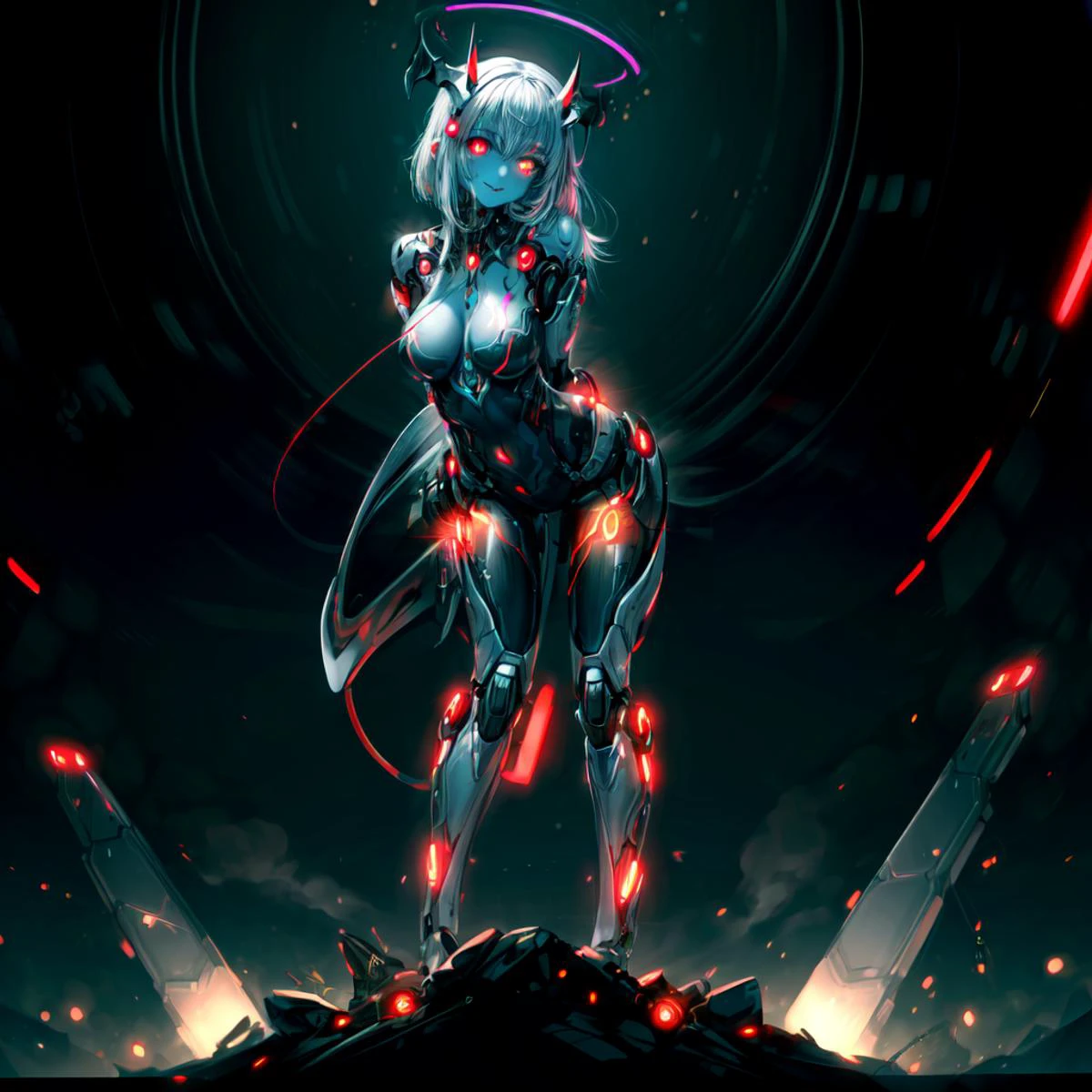 a beautiful robotic cyberwoman, (short white hair: 1), mgedemon, (body suit made of thousands of glowing transistors: 1.4), delicate parts, fractal art, colorful, digital painting, (masterpiece: 1.3 ), highly detailed, ultra detailed,high res,black sclera, (glowing lights and leds:1.3), (robotic breasts with glowing LEDs :1.2), medium breasts, (nsfw),(background:an elaborate dark cityscape: 1.1), (detailed glowing eyes :1.2), intimidating, tattoo, solo focus, (standing on top of a pile of robotic skulls),full body shot, view from below,psychotic smile,cyberpunk, arms behind back, (leaning forward),glowing hand<lora:mecha_v1:.6> <lora:mgedemon:.7> <lora:more_details:1> <lora:zerotwo_offset:.3> <lora:cyberspace_background:.4>
