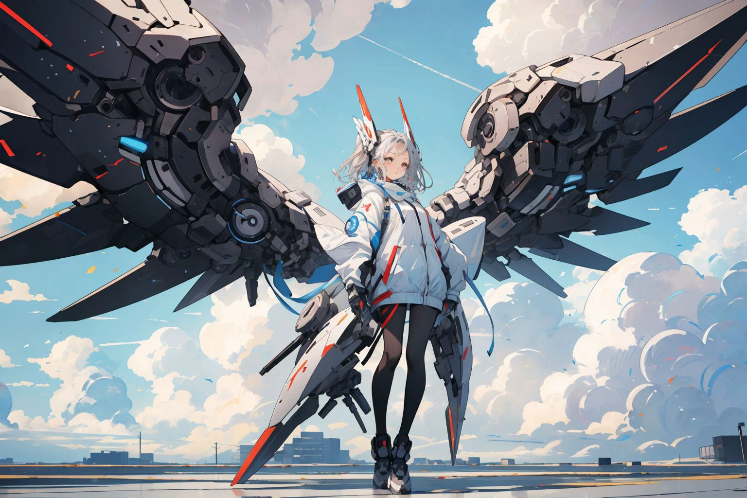 <lora:mecha_v1:0.6>, mecha,1girl, full body,sky,cloudy sky, white mechanical wings, <lora:GiganticBoosterWings ConceptV2:0.7>,looking at viewer,, (masterpiece, best quality, high quality, highres, ultra-detailed),