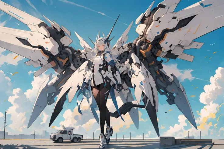 <lora:mecha_v1:0.6>, mecha,1girl, full body,sky,cloudy sky,  white mechanical wings,looking at viewer,  <lora:GiganticBoosterWingsConcept:0.6>, (masterpiece, best quality, high quality, highres, ultra-detailed),