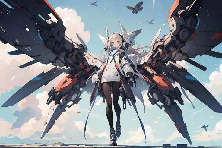 <lora:mecha_v1:0.6>, mecha,1girl, full body,sky,cloudy sky, white mechanical wings, <lora:GiganticBoosterWings ConceptV2:0.7>,looking at viewer,, (masterpiece, best quality, high quality, highres, ultra-detailed),