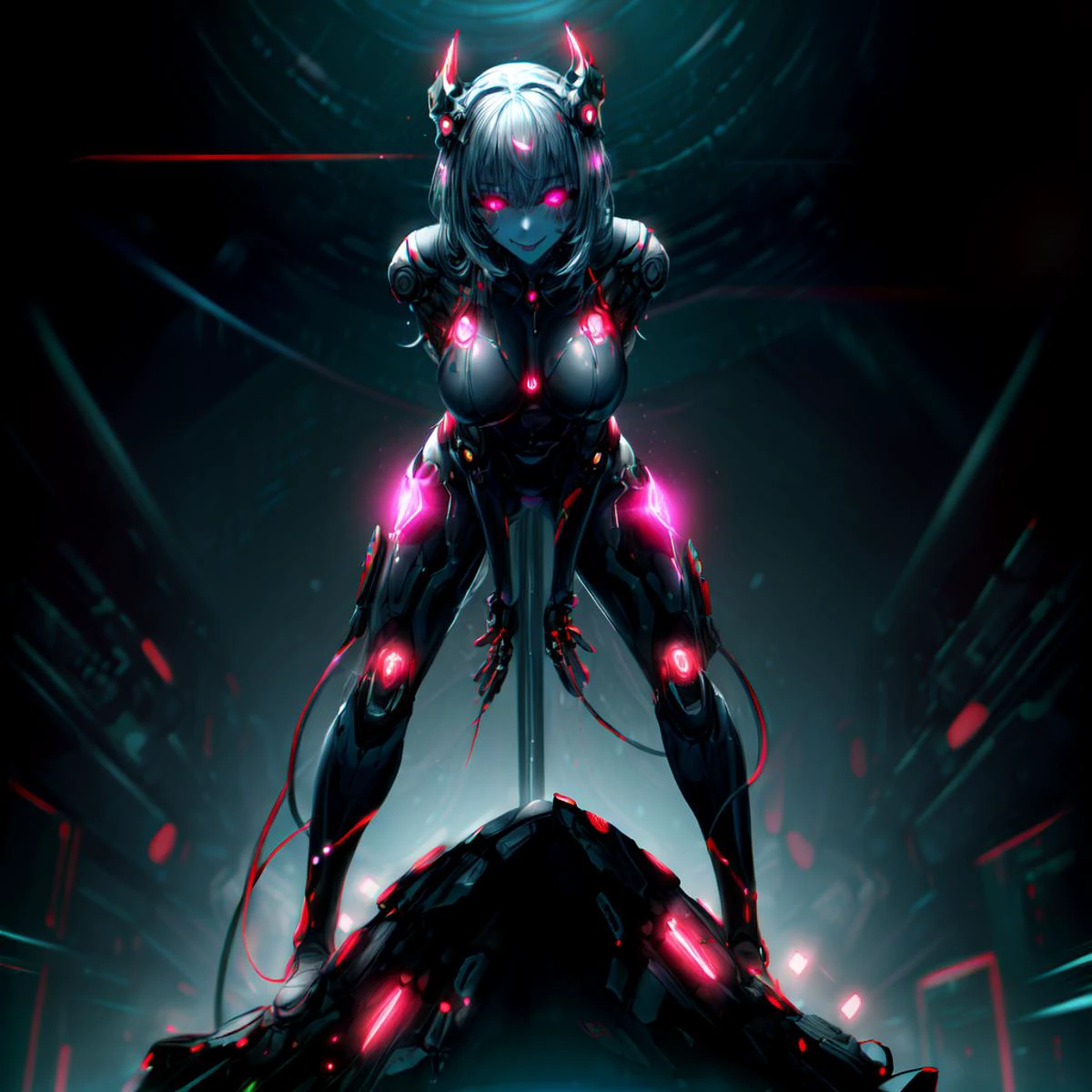 a beautiful robotic cyberwoman, (short white hair: 1), mgedemon, (body suit made of thousands of glowing transistors: 1.4), delicate parts, fractal art, colorful, digital painting, (masterpiece: 1.3 ), highly detailed, ultra detailed,high res,black sclera, (glowing lights and leds:1.3), (robotic breasts with glowing LEDs :1.2), medium breasts, (nsfw),(background:an elaborate dark cityscape: 1.1), (detailed glowing eyes :1.2), intimidating, tattoo, solo focus, (standing on top of a pile of robotic skulls),full body shot, view from below,psychotic smile,cyberpunk, arms behind back, (leaning forward),glowing hand<lora:mecha_v1:.6> <lora:mgedemon:.7> <lora:more_details:1> <lora:zerotwo_offset:.3> <lora:cyberspace_background:.4>