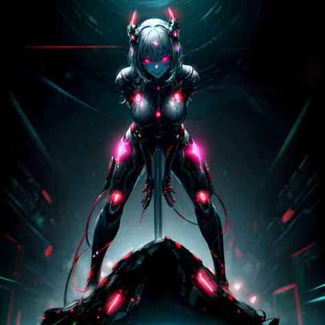 a beautiful robotic cyberwoman, (short white hair: 1), mgedemon, (body suit made of thousands of glowing transistors: 1.4), delicate parts, fractal art, colorful, digital painting, (masterpiece: 1.3 ), highly detailed, ultra detailed,high res,black sclera, (glowing lights and leds:1.3), (robotic breasts with glowing LEDs :1.2), medium breasts, (nsfw),(background:an elaborate dark cityscape: 1.1), (detailed glowing eyes :1.2), intimidating, tattoo, solo focus, (standing on top of a pile of robotic skulls),full body shot, view from below,psychotic smile,cyberpunk, arms behind back, (leaning forward),glowing hand<lora:mecha_v1:.6> <lora:mgedemon:.7> <lora:more_details:1>  <lora:zerotwo_offset:.3> <lora:cyberspace_background:.4>