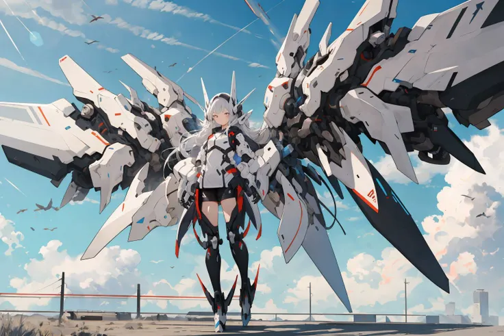 <lora:mecha_v1:0.6>, mecha,1girl, full body,sky,cloudy sky, <lora:GiganticBoosterWingsConcept:0.6>, white mechanical wings, (masterpiece, best quality, high quality, highres, ultra-detailed),