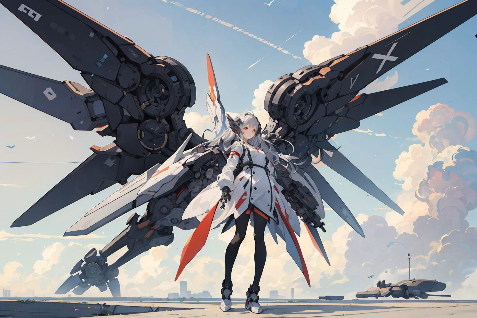 <lora:mecha_v1:0.6>, mecha,1girl, full body,sky,cloudy sky, white mechanical wings, <lora:GiganticBoosterWings ConceptV2:0.6>, (masterpiece, best quality, high quality, highres, ultra-detailed),